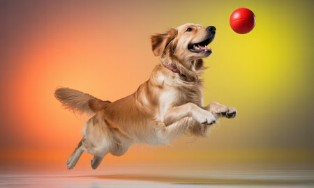 Golden retriever dog in mid air, mouth open, leaping to catch a red ball. dynamic studio shot of a playful pet in action, showcasing energy and agility.の素材