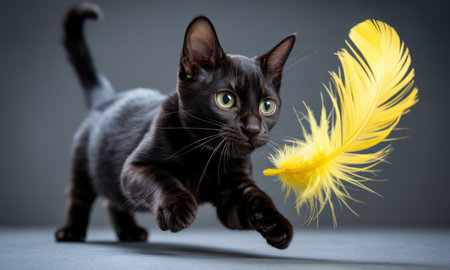 Black cat in a playful pounce, eyes fixed on a bright yellow feather. captures agility, curiosity, and the joy of a domestic pet during playtime.の素材