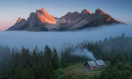 Majestic mountain peaks bathed in golden sunrise light, rising above a dense, mist shrouded forest. a rustic wooden cabin with smoke from its chimney sits nestled among the trees, evoking tranquility and nature.の素材