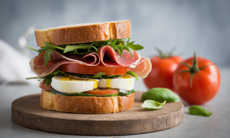 Stacked gourmet sandwich featuring prosciutto, fresh mozzarella, ripe tomato slices, and vibrant arugula leaves on toasted bread, served on a rustic wooden board. healthy and delicious meal.の素材
