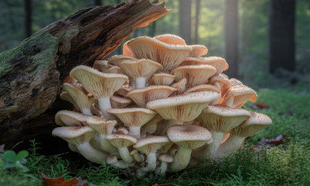 Wild gilled mushrooms growing in a dense cluster on a moss covered fallen log in a temperate forest. sunlight illuminates the fungi, highlighting their natural beauty and ecological role. focus on nature, growth, and woodland environment.の素材
