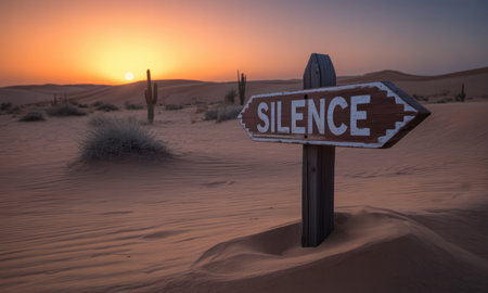 Wooden signpost with silence text pointing right in a vast desert landscape with undulating sand dunes and cacti during a golden sunset. represents peace, tranquility, and solitude.の素材