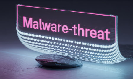 Digital malware threat text in magenta on a glowing holographic screen, accompanied by a flowing binary data stream. represents cybersecurity, data risk, and digital protection.の素材