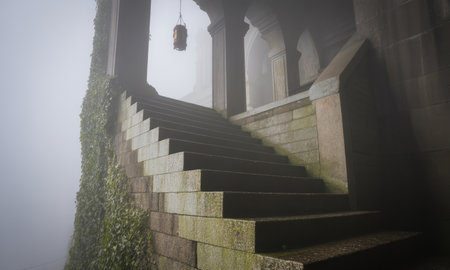 Rugged stone staircase covered in green ivy ascends into a dense, swirling fog, creating a mysterious and ancient atmosphere. a faint lantern hangs above.の素材
