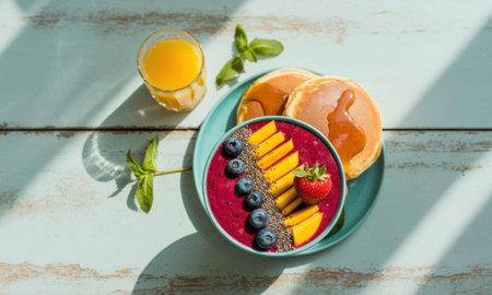 Colorful breakfast spread featuring a berry smoothie bowl topped with mango, blueberries, chia seeds, and strawberry, alongside pancakes with syrup and a glass of orange juice on a light wooden table.の素材