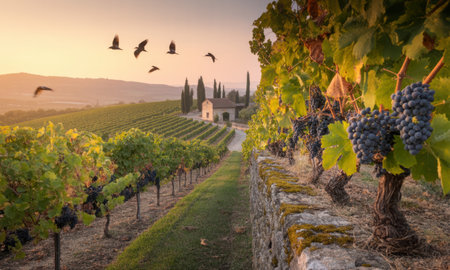 Lush tuscan vineyard at sunset, featuring rows of ripe red grapes, a traditional farmhouse, cypress trees, and birds in flight. golden light illuminates the rural landscape.の素材