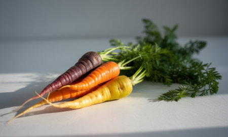 Three freshly harvested multi colored carrots, purple, orange, and yellow, with vibrant green tops, lying on a clean white surface. healthy, organic, and nutritious vegetable.の素材
