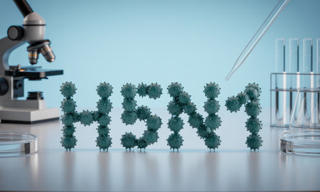 H5N1 avian influenza virus models forming text on a lab surface with a microscope, pipette, and test tubes. represents disease research, virology, and global health.の素材