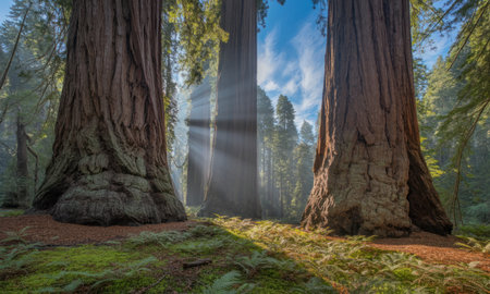 Towering redwood trees dominate an ancient forest, with dramatic sun rays illuminating the misty air and lush green undergrowth. a serene and majestic natural landscape.の素材