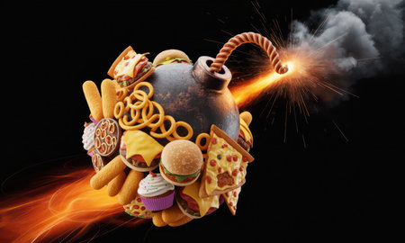 Bomb shaped object covered in various fast food items like burgers, pizza, and onion rings, with a lit fuse sparking and emitting smoke, symbolizing the dangers of unhealthy eating and poor diet choices.の素材
