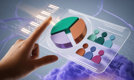 Human hand interacts with a glowing transparent screen displaying a 3D pie chart and colorful user icons, symbolizing data analysis, business intelligence, and demographic insights.の素材
