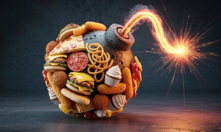 Spherical bomb covered in various fast food items like burgers, pizza, and fries, with a lit fuse sparking. symbolizes the dangers of unhealthy eating and poor diet choices.の素材
