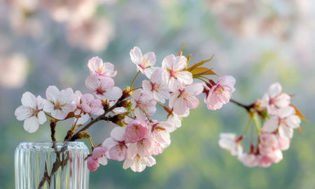 Delicate pink cherry blossoms with soft petals and subtle stamens arranged elegantly in a clear glass vase, symbolizing spring, new beginnings, and natural beauty.の素材