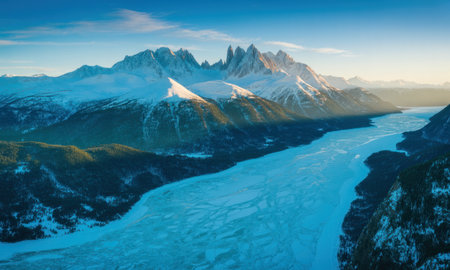 Vast snow covered mountain range with jagged icy peaks under a clear blue sky. a wide frozen river flows through the valley, reflecting the cold winter light. serene natural landscape.の素材