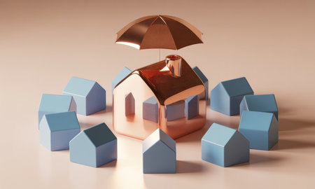 A central rose gold house stands under a protective umbrella, encircled by a group of smaller blue houses. symbolizes home insurance, property protection, and real estate security within a community.の素材