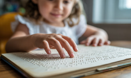 Young child hand gently tracing raised dots on a braille book page. focus on tactile reading, learning, and accessibility for visually impaired children.の素材