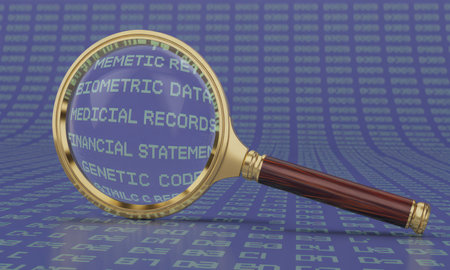 Golden magnifying glass examining digital text displaying sensitive information such as biometric data, medical records, financial statements, and genetic code on a blue background.の素材