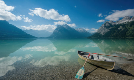 A serene alpine lake with a small boat and paddle resting on the shore. majestic snow capped mountains and a clear blue sky with clouds are reflected in the calm, turquoise water, creating a peaceful natural landscape.の素材