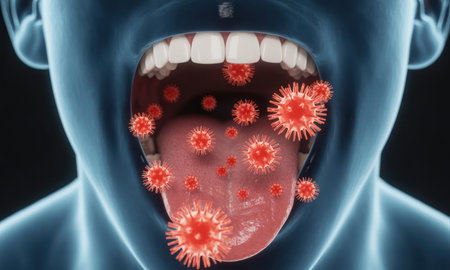 Human mouth with a wide open jaw, showing a pink tongue and white teeth, surrounded by and filled with numerous red viruses. concept of oral infection, disease transmission, and health issues.の素材