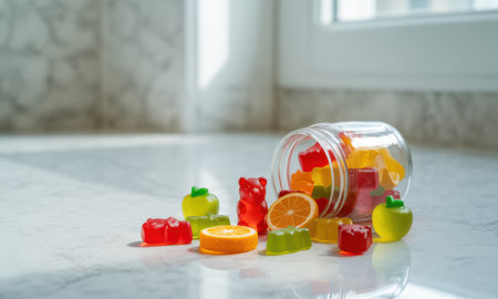 Assortment of vibrant gummy vitamins in various fruit and bear shapes, spilled from a glass jar onto a bright white marble countertop, highlighting health and wellness.の素材