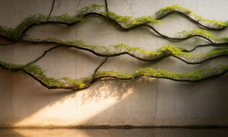 Intertwined branches with vibrant green leaves create an organic pattern on a textured wall, illuminated by a beam of sunlight casting abstract shadows.の素材