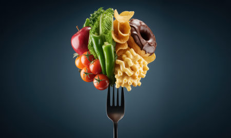 Fork holding a spherical mass of food, split into healthy fruits and vegetables on one side, and unhealthy junk food on the other. concept of dietary choice and nutrition.の素材