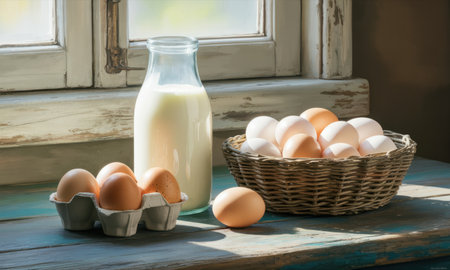 Fresh milk in a clear glass bottle stands beside a carton of brown eggs and a wicker basket filled with white and brown eggs on a rustic wooden surface, bathed in natural light. essential ingredients for breakfast and healthy cooking.の素材