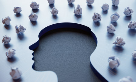 Dark blue silhouette of a human head in side profile, surrounded by numerous crumpled white paper balls, symbolizing ideas, thoughts, brainstorming, and mental processes.の素材