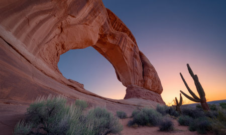 Towering natural sandstone arch in a desert environment, illuminated by the warm hues of a dramatic sunset sky. desert plants and saguaro cactus frame the foreground, highlighting the geological beauty and vastness of the arid landscape.の素材