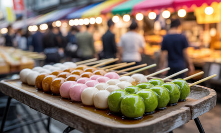 Colorful dango japanese rice dumplings on skewers are arranged on a rustic wooden tray at a bustling street food market. the vibrant white, brown, pink, and green mochi balls are glossy and appealing, with blurred people and stalls in the background.の素材