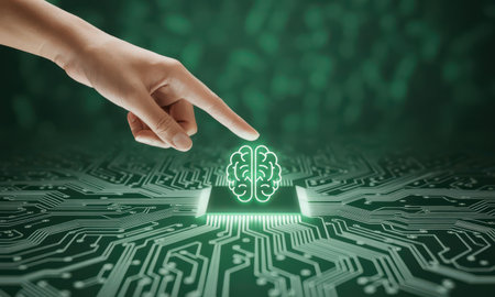 Human hand touches a glowing green brain icon on a digital circuit board, symbolizing artificial intelligence, technology, and innovation.の素材