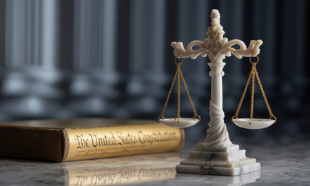 Elegant marble scales of justice stand beside a copy of the united states constitution, symbolizing law, order, and legal principles on a reflective surface.の素材