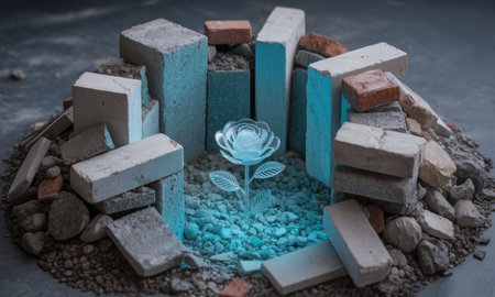 A luminous rose with delicate petals and leaves glows brightly amidst a pile of concrete rubble, broken bricks, and small stones. symbolizes hope, resilience, growth, and new life emerging from destruction.の素材