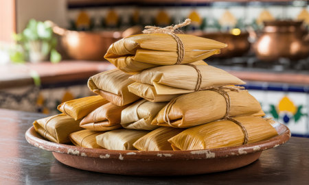 Authentic mexican tamales, neatly stacked and tied with twine on a rustic clay plate. traditional corn husk wrapped masa with savory filling, ready to eat. delicious homemade latin american cuisine.の素材