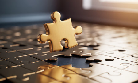 Shiny gold puzzle piece hovering above a dark, metallic puzzle board with an empty space, symbolizing solution, completion, and strategic success.の素材
