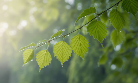 Vibrant green leaves on a tree branch covered in fresh water droplets, illuminated by soft morning sunlight. symbolizes nature, freshness, growth, and purity.の素材