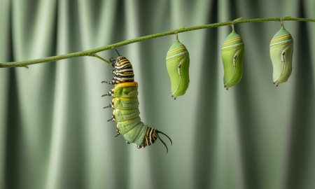 Monarch caterpillar hanging upside down on a green stem, beginning to form its chrysalis, with three other chrysalises nearby. represents transformation and life cycle.の素材