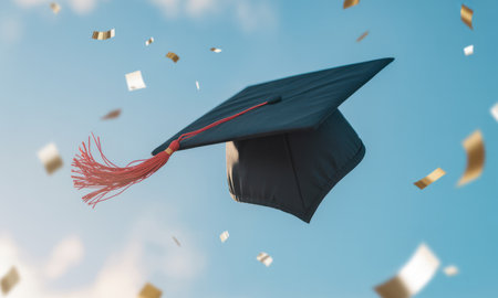 Black graduation cap with a vibrant red tassel thrown into a clear blue sky, surrounded by falling golden confetti, symbolizing achievement, success, and celebration.の素材