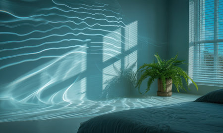 Dynamic shimmering water reflections dance on a pale blue wall and floor, illuminating a green fern plant by a window with blinds and a bed, creating a tranquil indoor atmosphere.の素材