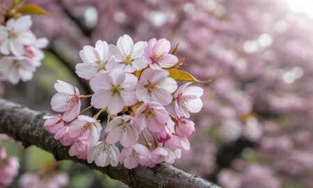 Delicate pink cherry blossoms with soft petals and subtle stamens blooming on a tree branch. symbolizes spring, renewal, and natural beauty.の素材