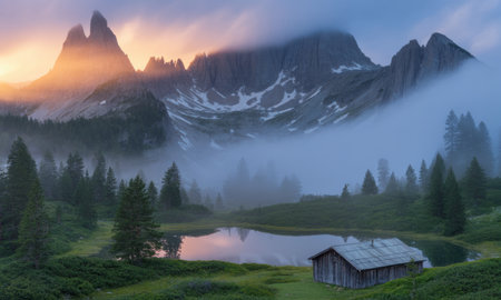 Majestic mountain range shrouded in mist at sunrise, with golden light illuminating peaks. a tranquil lake reflects the sky, surrounded by a dense pine forest and a rustic wooden cabin.の素材