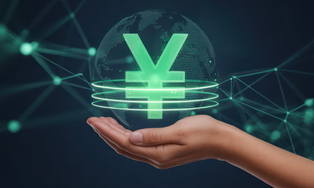 Hand presenting a glowing green yen yuan currency symbol. digital globe and interconnected lines in the background symbolize global finance, technology, and economic growth.の素材