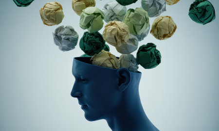 Dark blue human head in profile with an open top, filled and surrounded by crumpled paper balls. symbolizes ideas, thoughts, creativity, stress, and mental processes.の素材