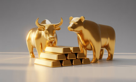 Golden bull and bear statues stand beside a stack of polished gold bars, representing financial market trends, investment, and wealth. symbolizes bullish and bearish market conditions.の素材