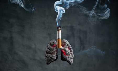 Burning cigarette with smoke rising, its ash forming the shape of diseased human lungs with red glowing areas. concept of smoking health risks, lung damage, and addiction.の素材