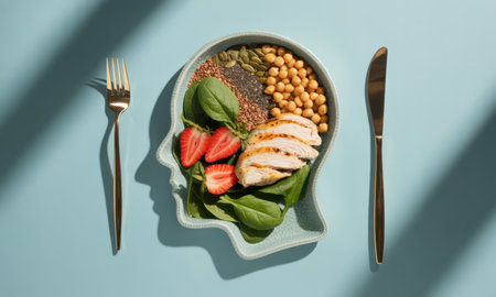 Head shaped plate filled with grilled chicken, fresh spinach, strawberries, chickpeas, pumpkin seeds, chia seeds, and flax seeds on a blue background, symbolizing healthy eating and brain nutrition.の素材