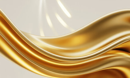 Golden shimmering fabric with elegant waves and smooth folds, creating a luxurious abstract background. rich texture and fluid movement.の素材