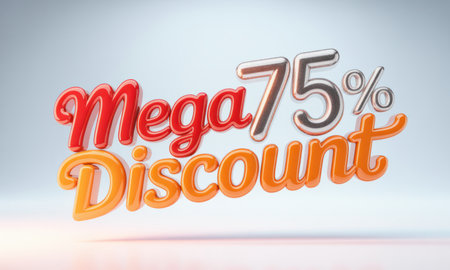 Bold, glossy 3D text mega 75% discount in vibrant red, orange, and silver colors. ideal for sales, promotions, special offers, and advertising campaigns.の素材