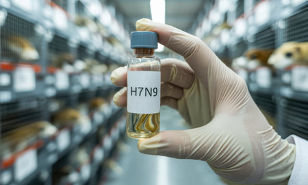 Gloved hand holding a clear vial labeled H7N9 with a yellow liquid, in a laboratory with animal cages. focus on medical research, virus study, and vaccine development.の素材