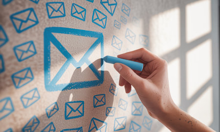 Hand drawing a blue email envelope icon with chalk on a textured wall, surrounded by many smaller mail symbols. represents digital communication, messaging, contact, and internet connection.の素材